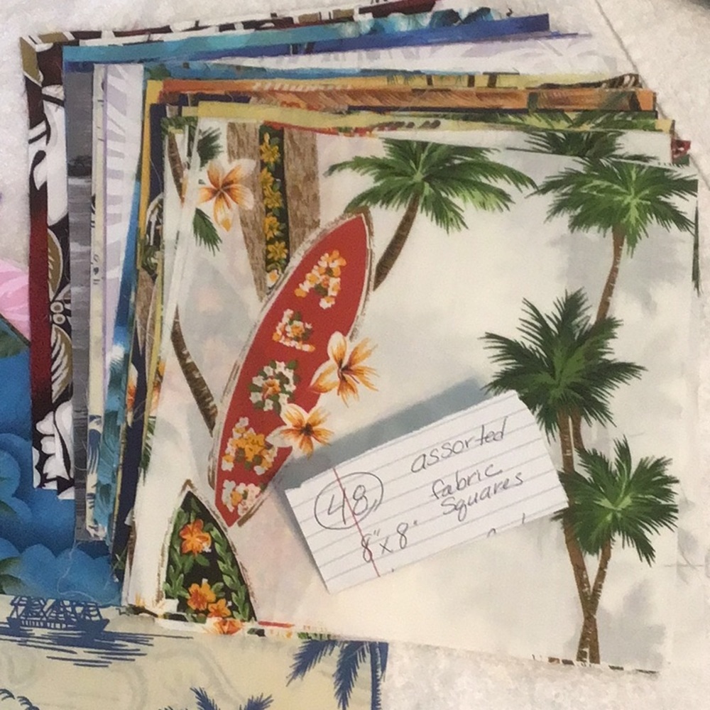 Assorted Hawaiian fabric squares8x8” Photo represents What is in the lot?